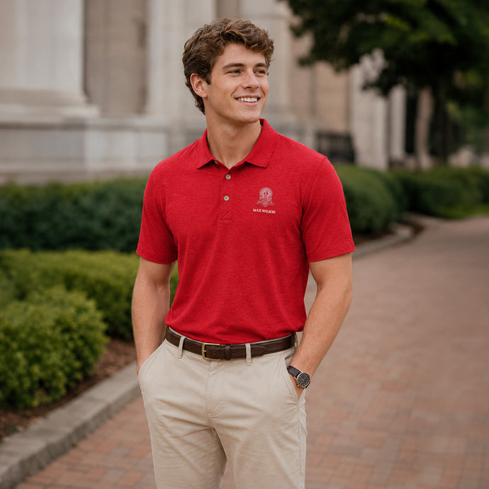 Model wearing a red heathered Cutter & Buck polo with embroidered crest and personalized name detail.