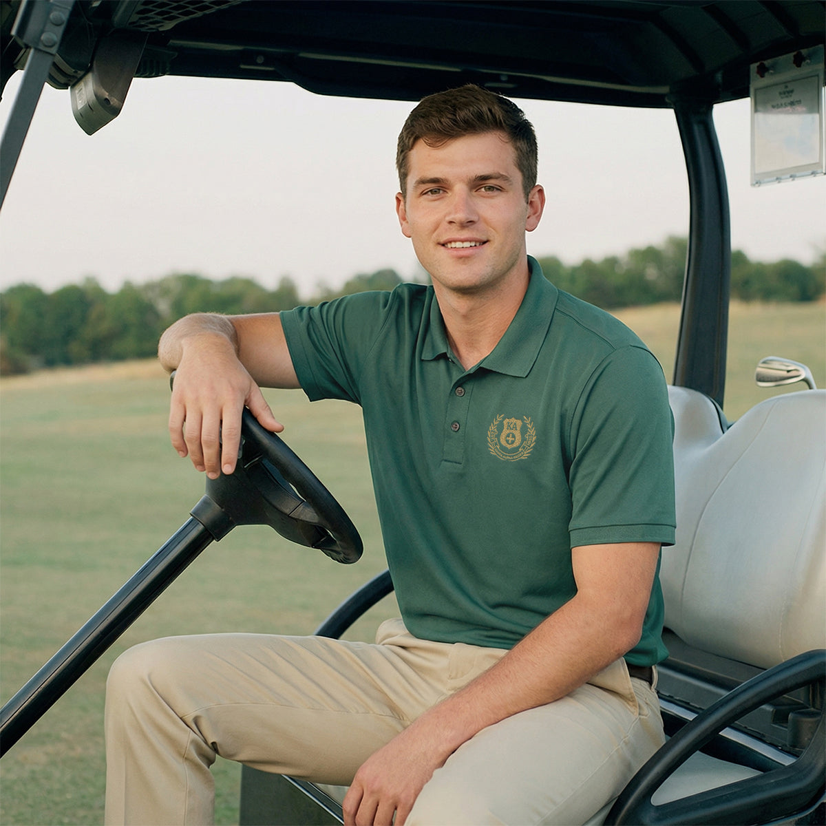 Man wearing a Green polo with premium embroidered logo detail.