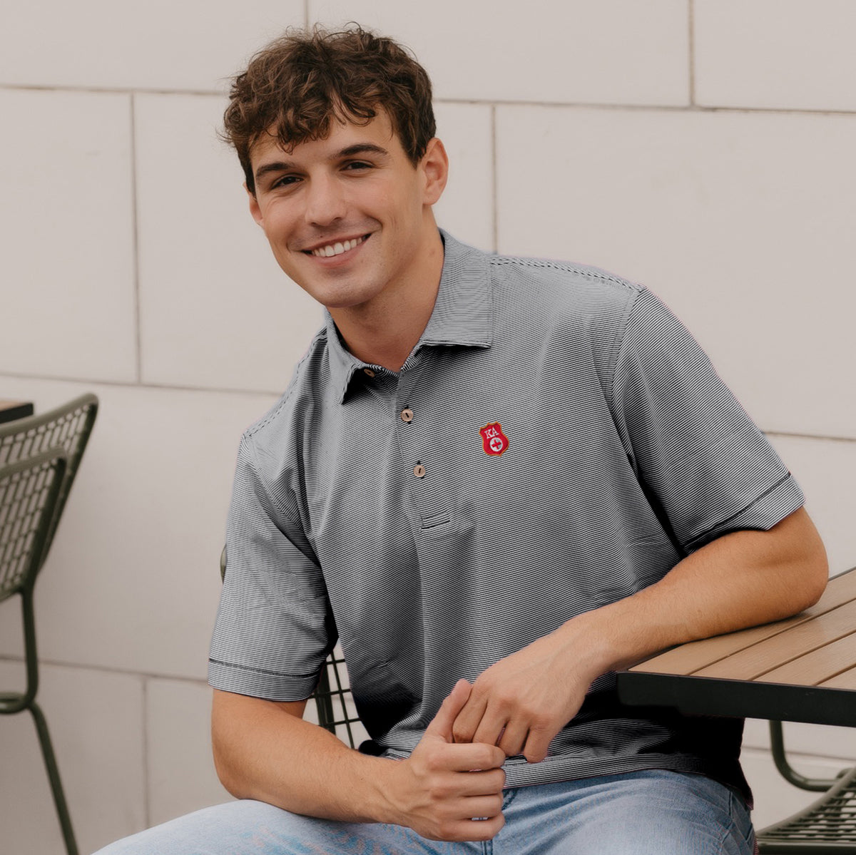 Kappa Alpha Peter Millar Jubilee Stripe Stretch Polo with Badge