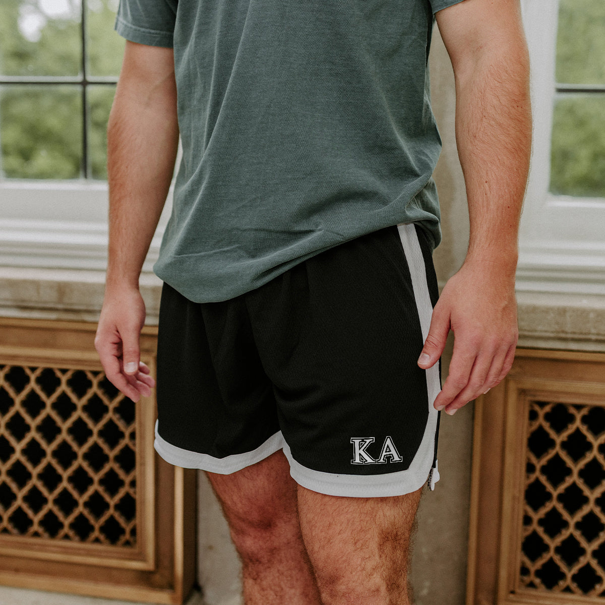 Kappa Alpha OrderFraternity Black 7" Mesh Shorts with Greek letters.