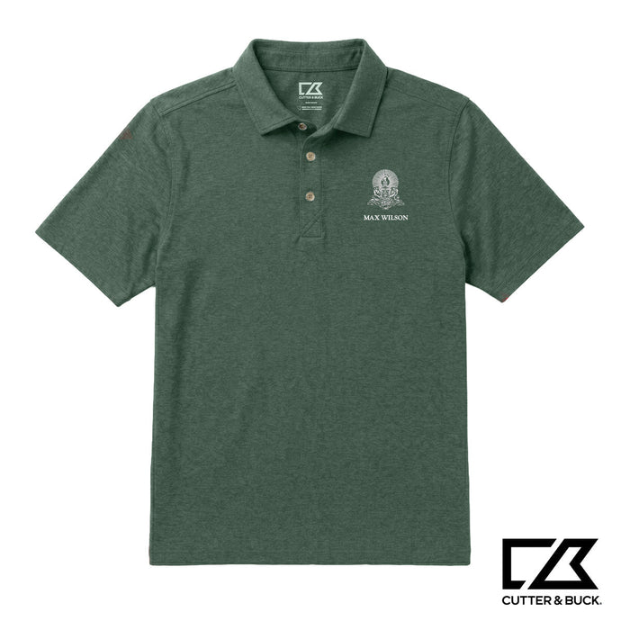 Green heathered Cutter & Buck polo featuring an embroidered crest and personalized name on the chest.