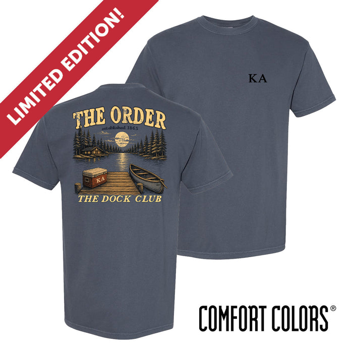 Front and back view of a blue Comfort Colors graphic t-shirt with vintage lake-inspired artwork