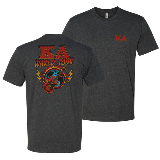 Charcoal t-shirt called the Kappa Alpha World Tour tee with vintage rock-inspired design, bold Kappa Alpha letters on front, and fiery guitar graphic on back.