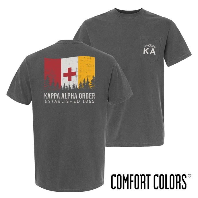 Fraternity grey short sleeve tee with colorful flag design on back and chest pocket log