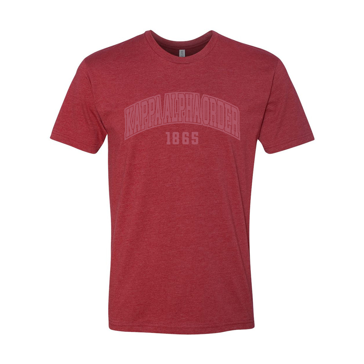 Red heather crew-neck tee with a subtle tonal arched ÒKappa AlphaÓ print on the chest
