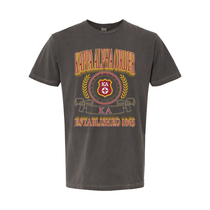 Kappa Alpha Collegiate Crest Graphic Tee in charcoal grey featuring bold Kappa Alpha Order lettering, fraternity crest, Greek letters, and established year design.