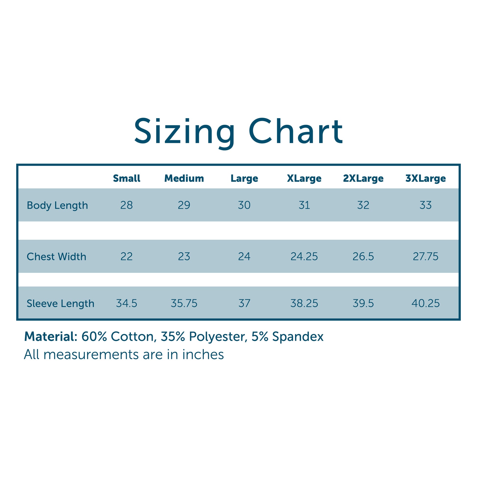 Sizing chart for the Embroidered Luxe Quarter Zip with body length, chest width, and sleeve length for sizes Small to 3XL. Material: 60% cotton, 35% polyester, 5% spandex.