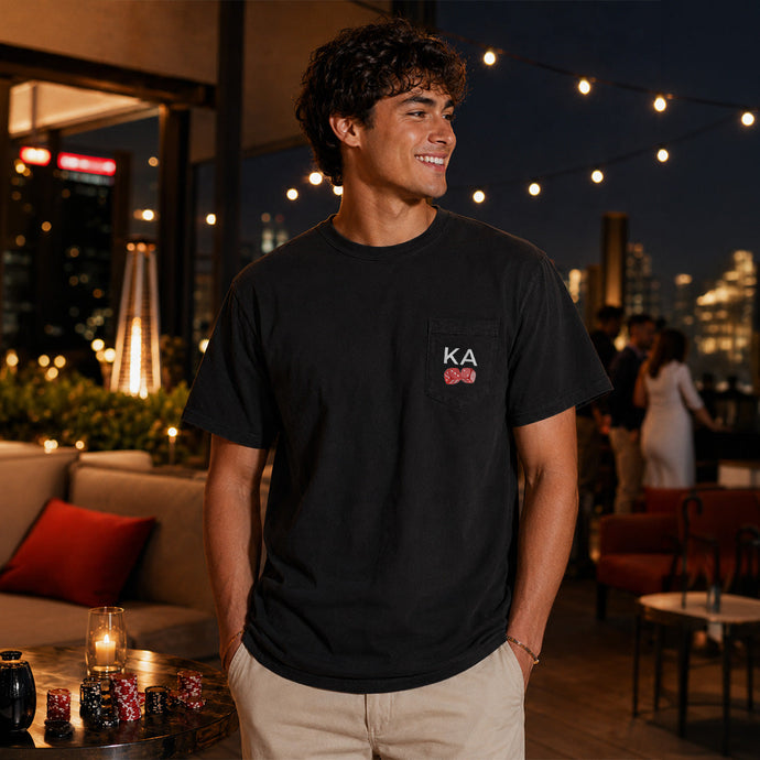 Model wearing the High Roller Tee from the back, featuring a full back dice graphic on a black Comfort Colors tee.