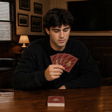 Fraternity man holding a deck of playing cards featuring their coat of arms or crest