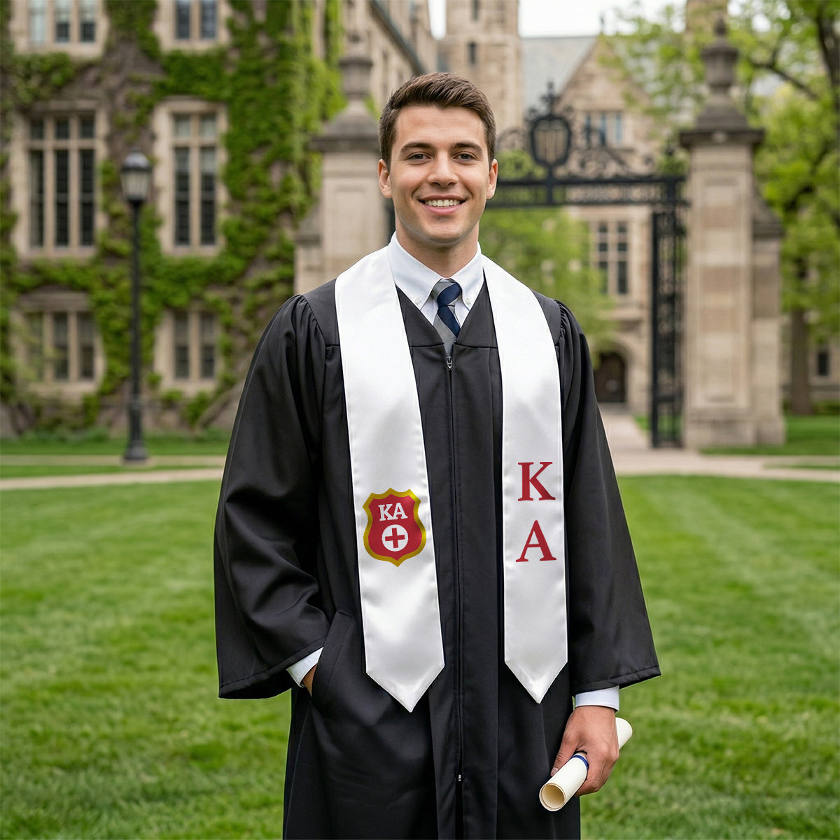 New! Kappa Alpha White Graduation Stole with Badge