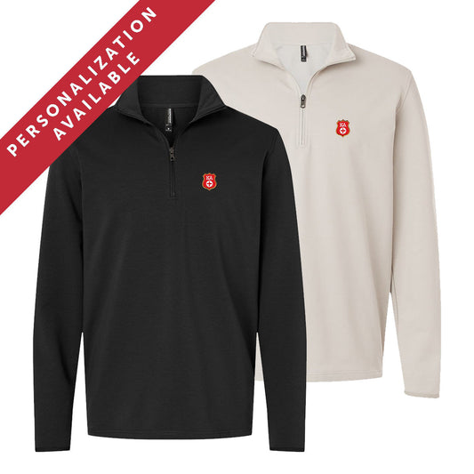 Two Kappa Alpha Embroidered Luxe Quarter Zips in black and smoke colors with Symbol embroidery on the left chest. Banner reads Personalization Available.