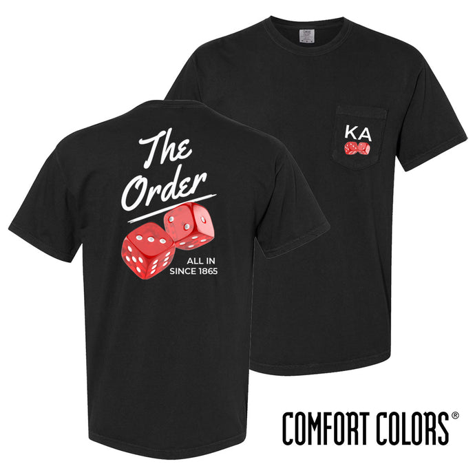 Model wearing the High Roller Tee from the front, featuring a chest pocket dice graphic on a black Comfort Colors tee.