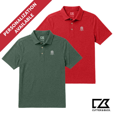 Green heathered Cutter & Buck polo with an embroidered crest on the chest.