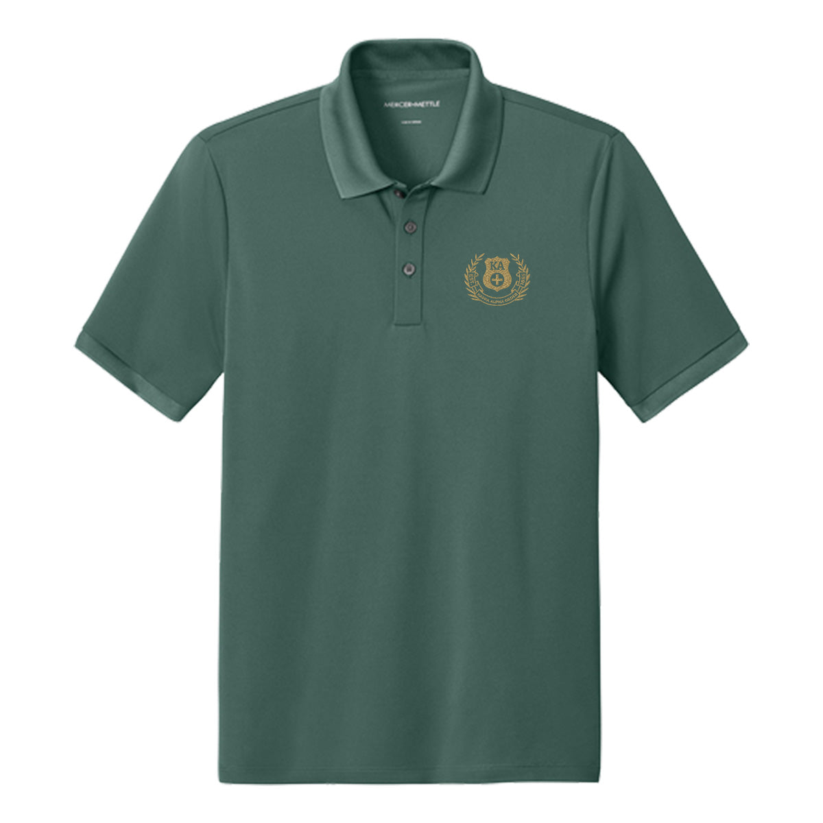 Front view of Green polo featuring embroidered laurel design.