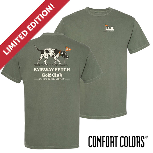 Front and back view of moss green Comfort Colors T-shirt featuring a vintage-inspired hunting dog mid-fetch, paired with a classic golf flag.