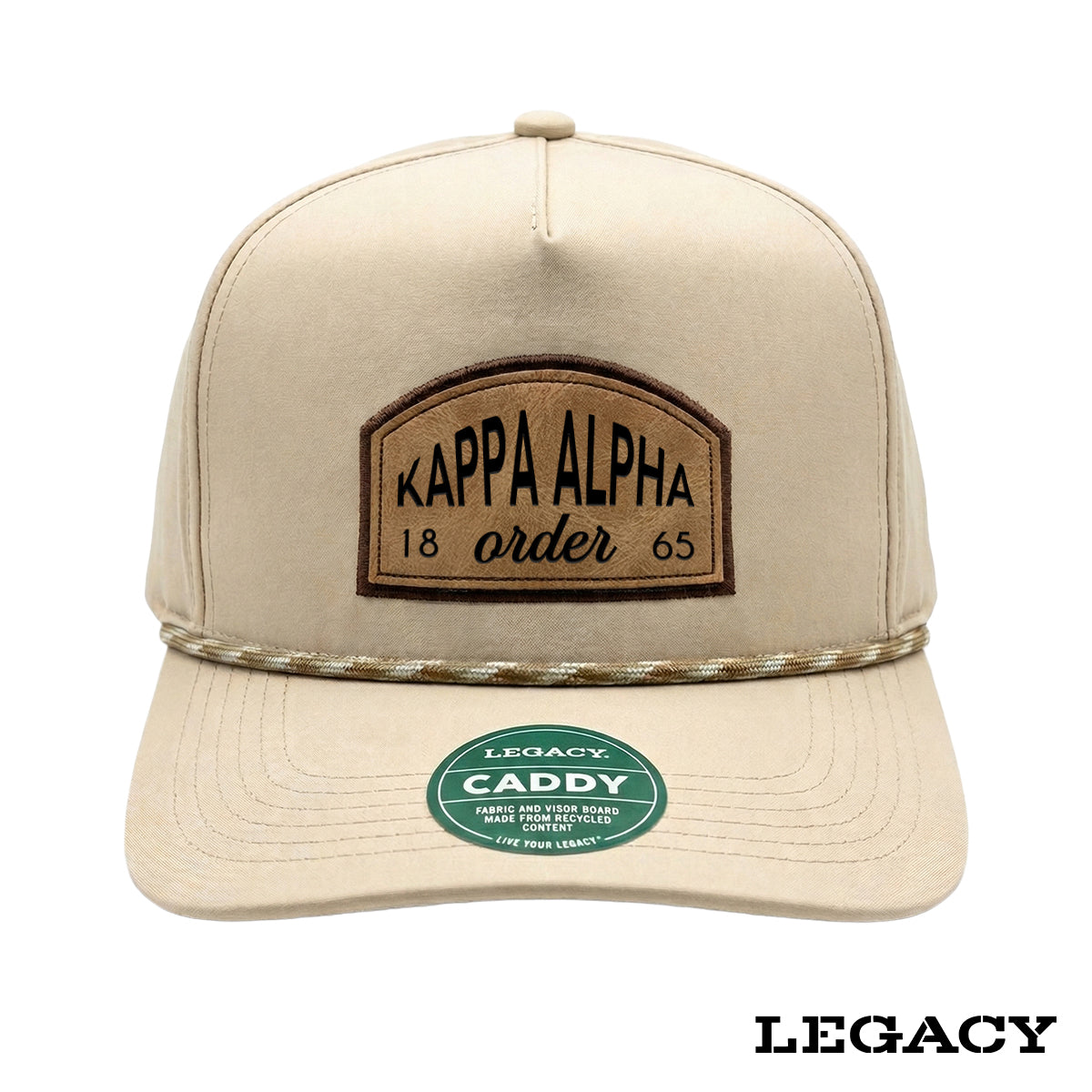 Cream Legacy brand rope hat featuring a brown fraternity patch, designed for stylish fraternity apparel and casual campus wear.
