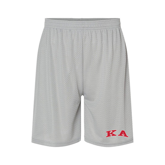 embroidered silver 7 inch mesh shorts front view