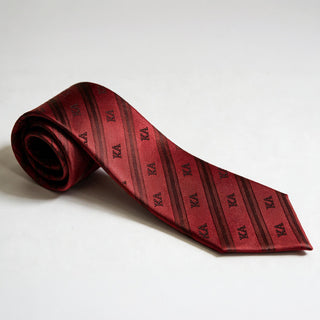 Official Kappa Alpha Signature Striped Silk Tie in red with woven Kappa Alpha Greek letters, premium fraternity neck tie for composite photos, formals, weddings, graduation, and professional attire.