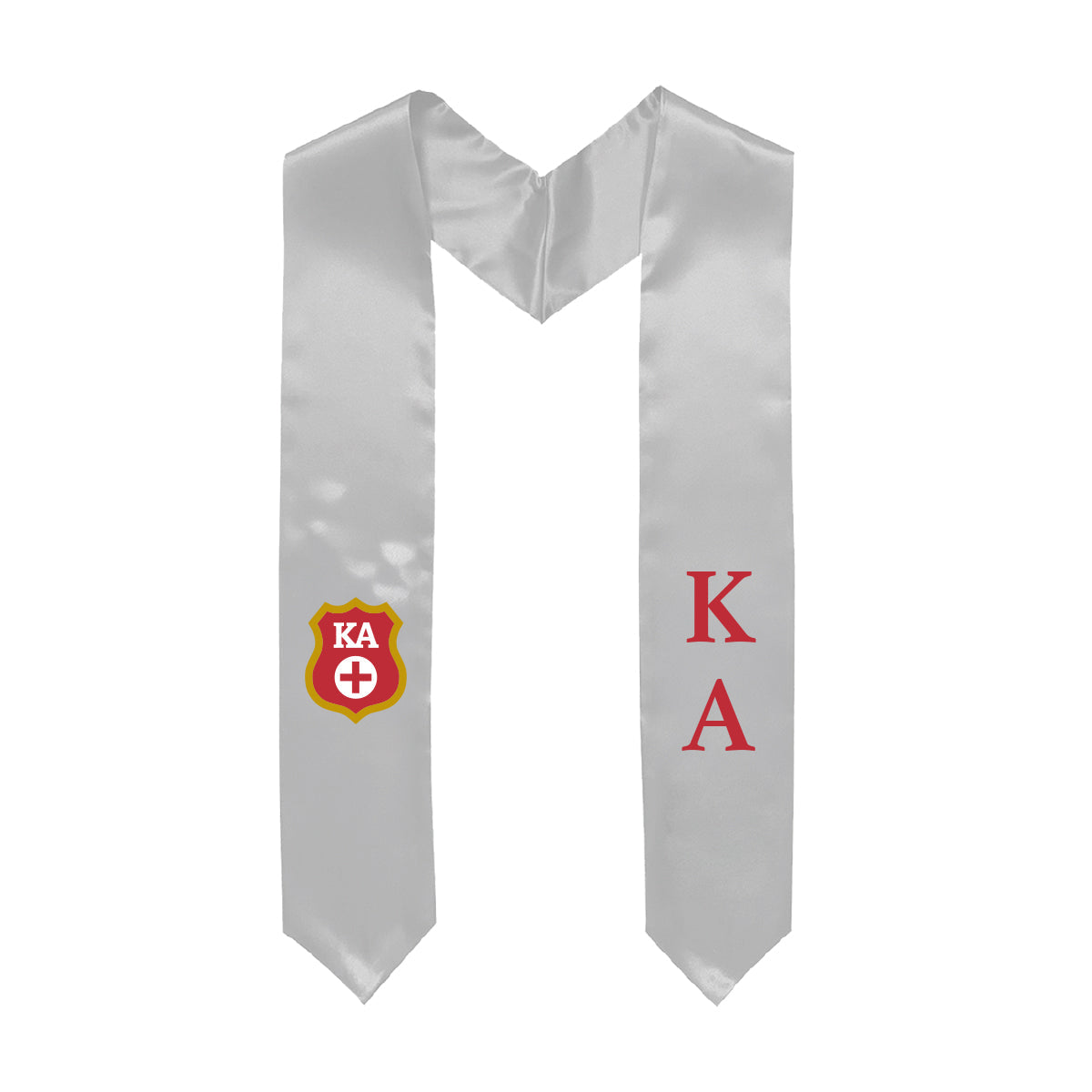 White graduation stole decorated with Greek letters and Badge
