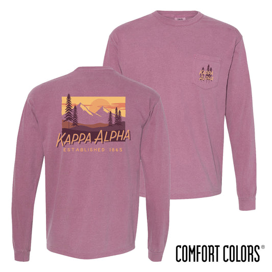 New! Kappa Alpha Comfort Colors Berry Mountain Sunset Long Sleeve Pocket Tee
